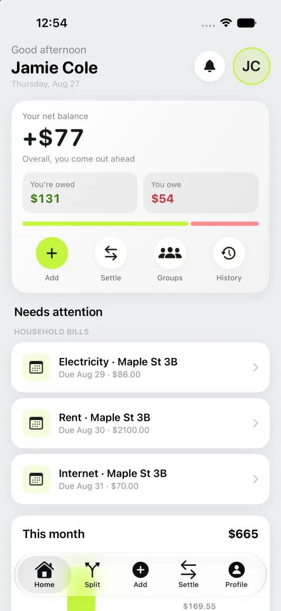 Chiipin's home screen: a net balance of +$77, with rent, electricity and internet listed by due date.